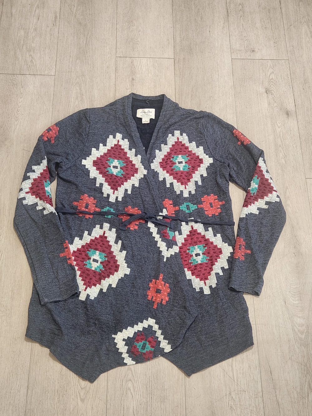 LUCKY BRAND Lucky Lotus Southwestern Aztec Embroidered Belted Cardigan L